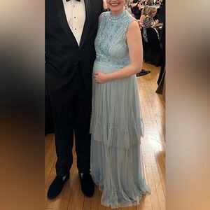 Vintage Inspired Empire Waist Beaded Evening Gown Powder Blue Tulle